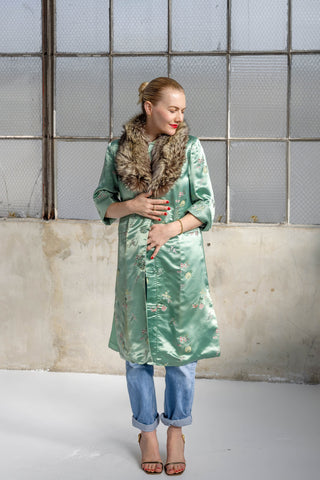 1960s Pale Jade Floral Jacquard Coat with Detachable Multi-Brown Fur Collar - Fits US XS/S