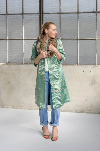1960s Pale Jade Floral Jacquard Coat with Detachable Multi-Brown Fur Collar - Fits US XS/S