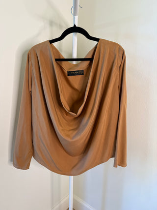 Donna Karan 1990-2000s Camel Color Silk Wide Cowl Neck Blouse - Size US M