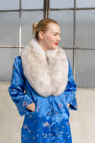 1960s Long Royal Blue Embroidered Floral Coat with Detachable White Fox Fur Collar - Fits US S/M