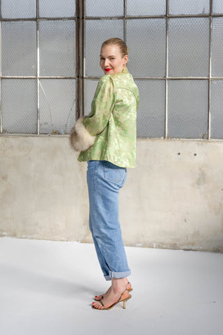 1940s Mint Green Floral Brocade Jacket with Ivory Fox Fur Cuffs - Fits US S/M