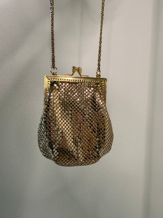 Whiting & Davis 1950's Vintage Gold Chainmail Mesh Crossbody Mini Coin Purse Pouch