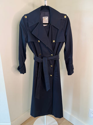 Celine 1970s Vintage Navy Cotton Trench Coat with Sulky Logo Gold Carriage Buttons - Size FR 38