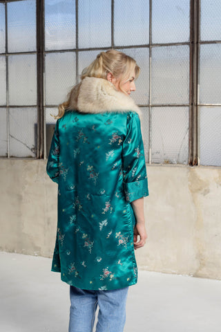1960s Teal Green Floral Jacquard Coat with Detachable Ivory Fox Fur Collar - Fits US S/M