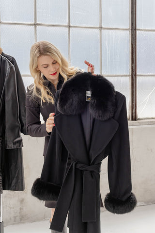 1980s Italian Black Fox Fur Trim Wool Coat - Size M
