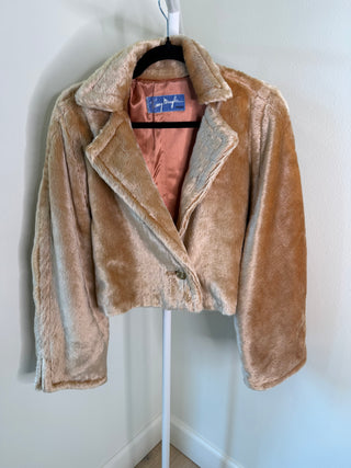 Thierry Mugler F/W 1982-1983 Rare Vintage Khaki Cropped Faux Fur Coat - FR 38