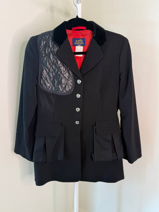Hermes 1980s Black Wool Riding Jacket with Quilted Leather Panels, Velvet Collar & Silver "Hermes Paris" Buttons - Size FR 38