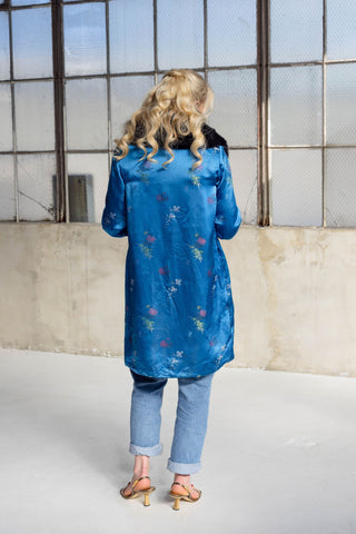 1960s Royal Blue Floral Jacquard Coat with Detachable Black Fox Fur Collar - Fits US S/M