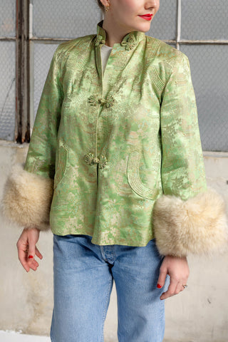 1940s Mint Green Floral Brocade Jacket with Ivory Fox Fur Cuffs - Fits US S/M