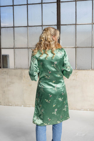 1960s Jade Green Floral Jacquard Coat with Detachable Brown Fox Fur Collar - Fits US XS/S