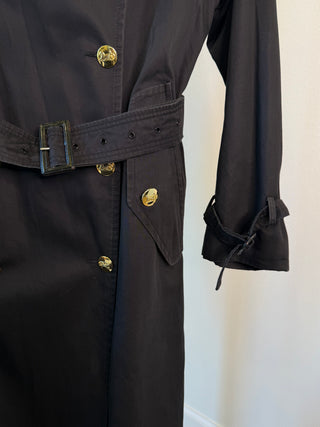 Celine Sport 1970s Vintage Black Belted Trench with Gold Sulky Logo Carriage Buttons - Fits US8/10