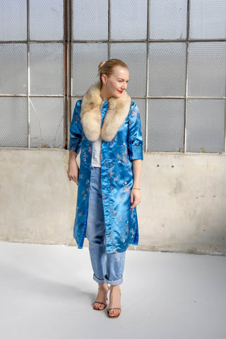 1960s Royal Blue Floral Jacquard Coat with Detachable Ivory Fox Fur Collar - Fits US S/M