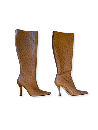 Walter Steiger 1990's Vintage Cognac Color Ostrich Leather Pointed Toe Heeled Boots - Size 36.5