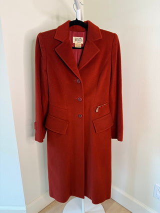 Hermes 1980's Vintage Red Long Cashmere Coat with H Buttons - Size FR34