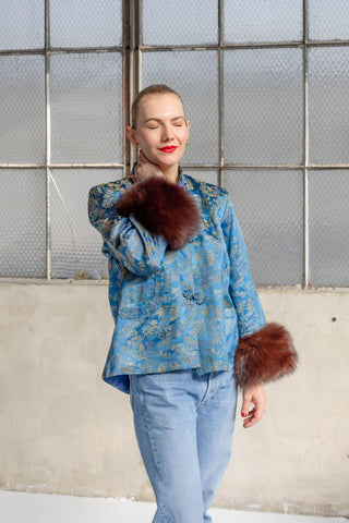 1970s Blue & Gold Floral Silk Brocade Jacket with Brown Fox Fur Cuffs - Fits US S/M