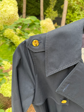 Celine 1970s Vintage Navy Cotton Trench Coat with Gold Carriage Buttons - Size FR 36