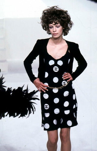 Chanel S/S 1997 Vintage Runway Black & White Silk CC Polka Dot Mini Dress - Size FR38