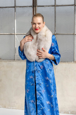 1960s Long Royal Blue Embroidered Floral Coat with Detachable White Fox Fur Collar - Fits US S/M
