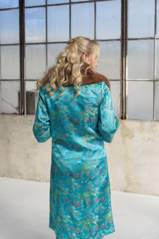 1960s Teal Green Floral Jacquard Coat with Detachable Brown Fox Fur Collar - Fits US S/M