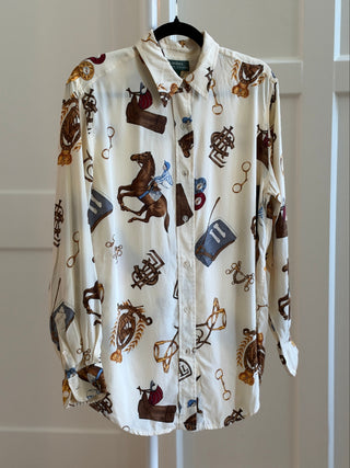 Lauren Ralph Lauren 1990's Beige Silk Equestrian Racing Print Button-Up Shirt - Size US 6