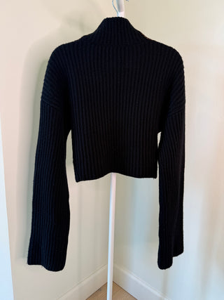 Acne Studios F/W2018 "Kabril" Black Wool Rib Knit Cropped Turtleneck Long Sleeve Sweater with Brown Cotton Contrast - Size M