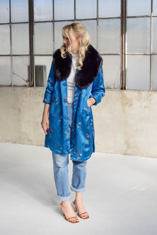 1960s Royal Blue Floral Jacquard Coat with Detachable Black Fox Fur Collar - Fits US S/M