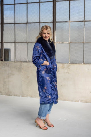 1960s Royal Blue Floral Jacquard Coat with Detachable Navy Fox Fur Collar - Fits US S/M