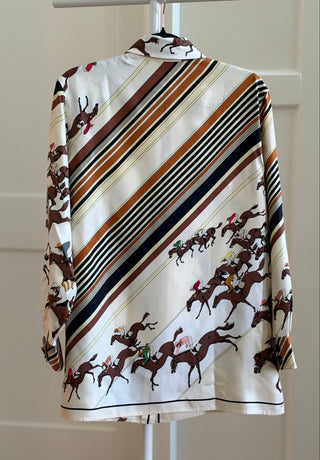 Hermes 1986-1993 Rare Vintage Multicolor Silk Equestrian Shirt with Black Mother-of-Pearl Buttons - Size FR 36