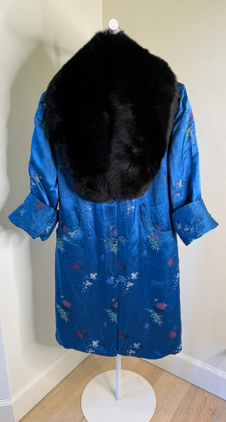 1960s Royal Blue Floral Jacquard Coat with Detachable Black Fox Fur Collar - Fits US S/M