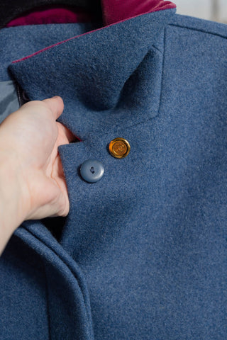 Chanel A/W 1991 Vintage "Material Girls" Runway Blue Wool Coat with Magenta Velvet Collar and Gold CC Buttons - Fits S