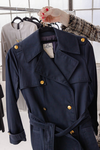 Celine 1970s Vintage Navy Cotton Trench Coat with Gold Carriage Buttons - Size FR 36