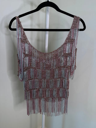 Loris Azzaro 1971-1973 Crochet Pink & Silver Metal Chain Top - Fits US S-L