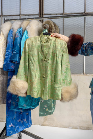 1940s Mint Green Floral Brocade Jacket with Ivory Fox Fur Cuffs - Fits US S/M