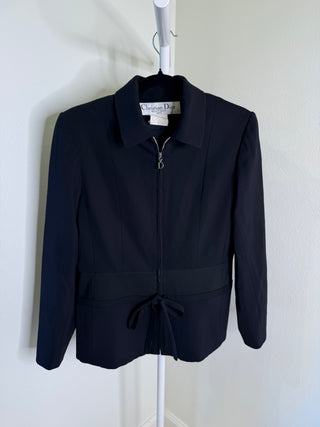 Christian Dior S/S 2001 Galliano Era Vintage Black Viscose Wool Blend “D Charm” Zip-Up  Collared Jacket - Size US 10