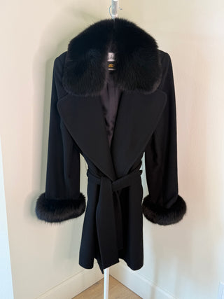 1980s Italian Black Fox Fur Trim Wool Coat - Size M