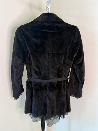 Prada F/W2002 Black Belted Fur Coat with Sheer Crinkled Silk Lining - Size 36