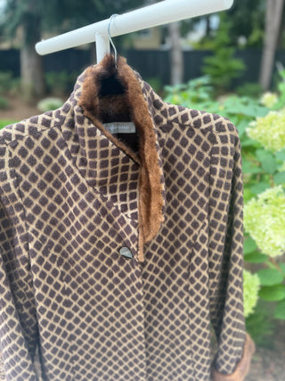 1980's Vintage Brown Alpaca Diamond Checkered Coat with Mink Fur Trim - Size 40