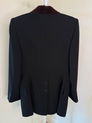 Hermes 1980's Vintage Black Wool Riding Blazer with Brown Velvet Collar & Hermes Paris Buttons - Size FR36