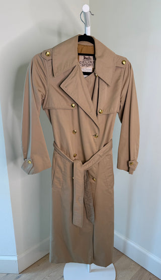 Celine Sport 1970s Vintage Khaki Trench Coat with Gold Carriage Button - Size FR 36