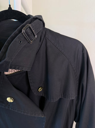 Celine Sport 1970s Vintage Black Belted Trench with Gold Sulky Logo Carriage Buttons - Fits US8/10