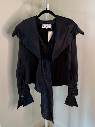 Gianfranco Ferre 1990s Rare Vintage Black Silk Top with Chain Linked Crystal Cuffs - Size IT40 NWT