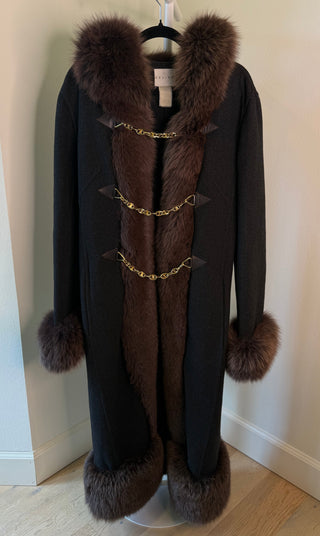 Celine F/W 2000 Michael Kors Era Runway Dark Grey Hooded Brown Fox Fur Coat with Gold Triomphe Chain - Fits S/M