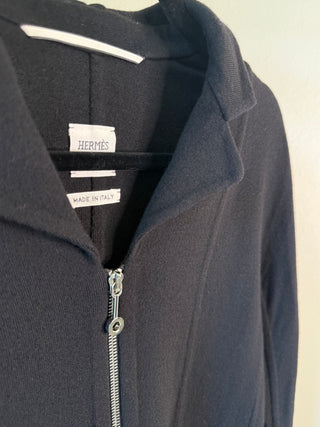 Hermes 2010s Black Knit Jacket with Leather Trim & Silver Zipper Detail - FR34