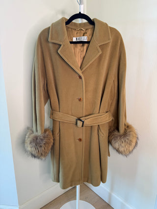 Marella 1980-1990s Vintage Brown Cashmere Wool Belted Coat with Fur Sleeves - Size FR 38