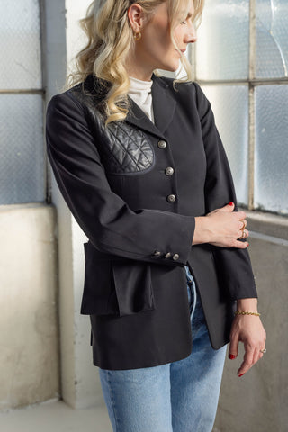 Hermes 1980s Black Wool Riding Jacket with Quilted Leather Panels, Velvet Collar & Silver "Hermes Paris" Buttons - Size FR 38