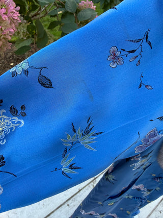 1960s Long Royal Blue Embroidered Floral Coat with Detachable White Fox Fur Collar - Fits US S/M