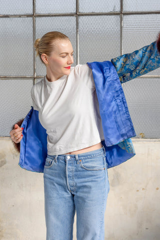 1970s Blue & Gold Floral Silk Brocade Jacket with Brown Fox Fur Cuffs - Fits US S/M