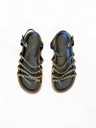 Chanel S/S 2015 Black Leather Flat Sandals with Gold Chain Detail - Size EU 41.5 / US 10.5