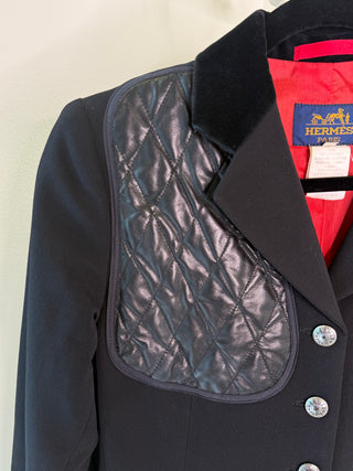 Hermes 1980s Black Wool Riding Jacket with Quilted Leather Panels, Velvet Collar & Silver "Hermes Paris" Buttons - Size FR 38