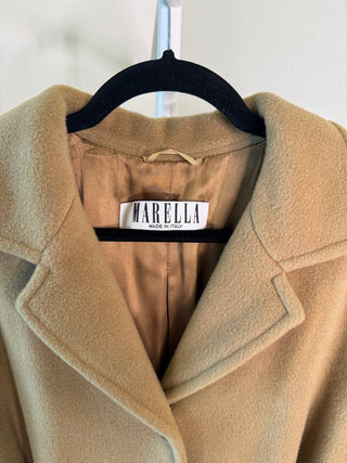 Marella 1980-1990s Vintage Brown Cashmere Wool Belted Coat with Fur Sleeves - Size FR 38
